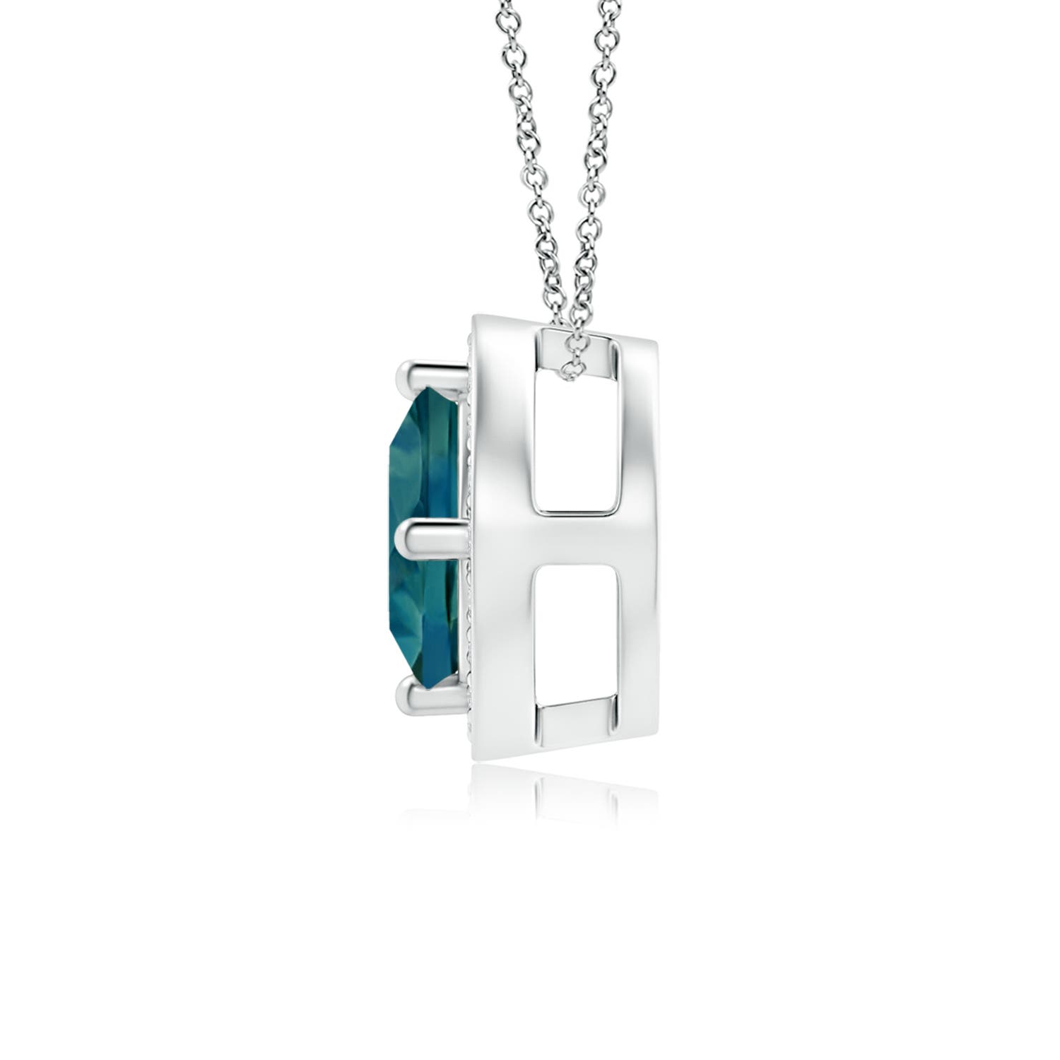 5mm AAA Sideways Cushion Teal Montana Sapphire Halo Pendant with Diamonds in White Gold