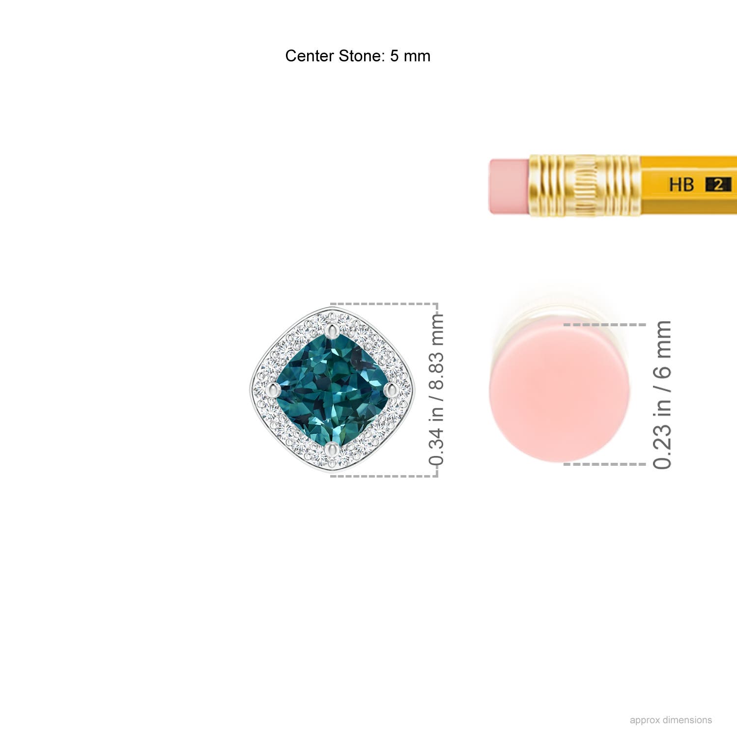 5mm AAA Sideways Cushion Teal Montana Sapphire Halo Pendant with Diamonds in White Gold - ruler