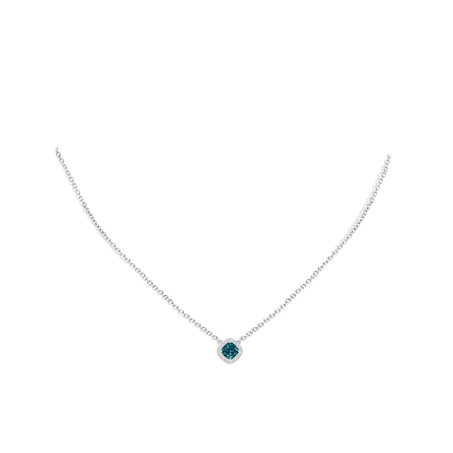 5mm AAA Sideways Cushion Teal Montana Sapphire Halo Pendant with Diamonds in White Gold - body_neck