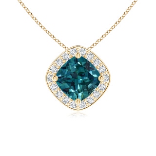 5mm AAA Sideways Cushion Teal Montana Sapphire Halo Pendant with Diamonds in Yellow Gold