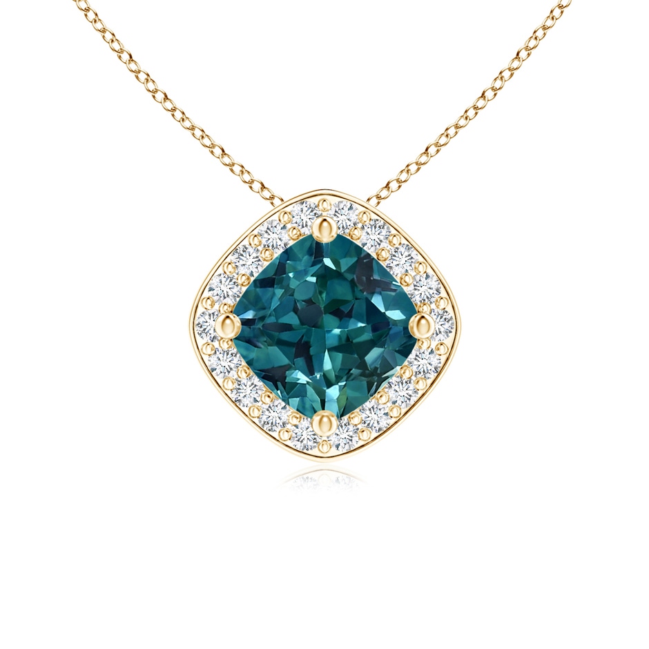 5mm AAA Sideways Cushion Teal Montana Sapphire Halo Pendant with Diamonds in Yellow Gold 