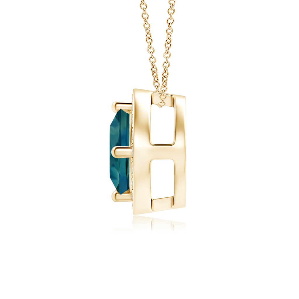 5mm AAA Sideways Cushion Teal Montana Sapphire Halo Pendant with Diamonds in Yellow Gold - side 199