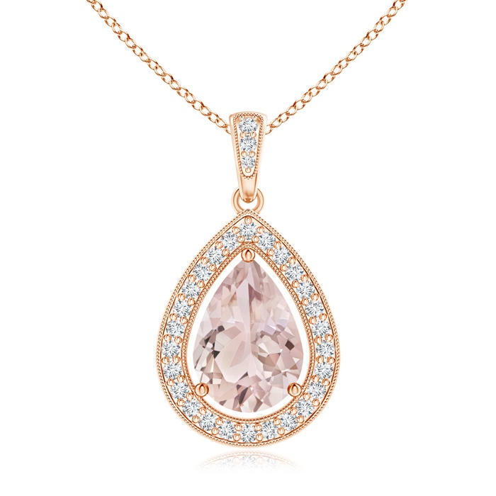 10x7mm A Floating Morganite Drop Pendant with Diamond Halo in Rose Gold 