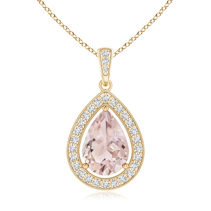 10x7mm A Floating Morganite Drop Pendant with Diamond Halo in Yellow Gold 
