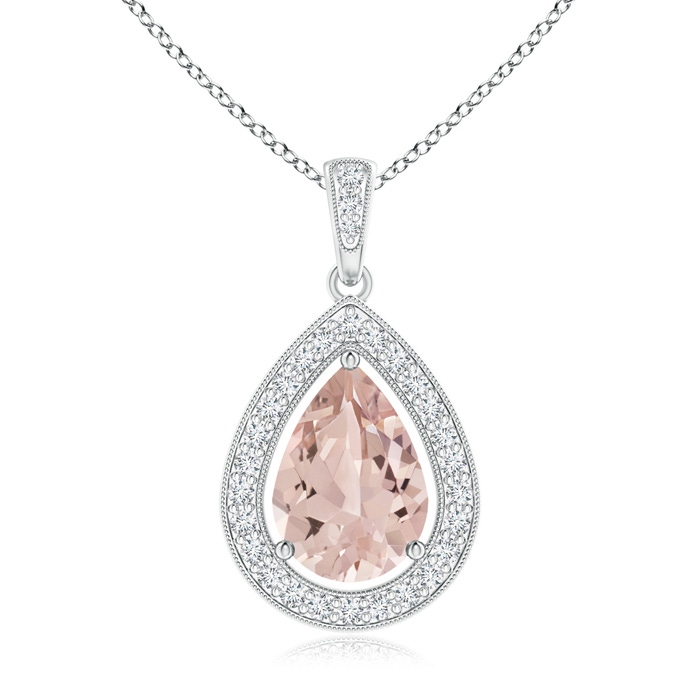 10x7mm AA Floating Morganite Drop Pendant with Diamond Halo in White Gold 