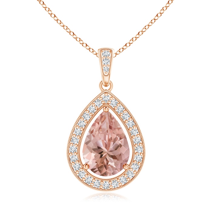 10x7mm AAAA Floating Morganite Drop Pendant with Diamond Halo in Rose Gold 