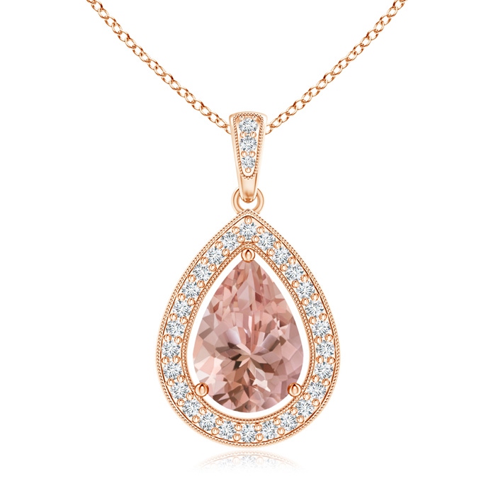 10x7mm AAAA Floating Morganite Drop Pendant with Diamond Halo in Rose Gold
