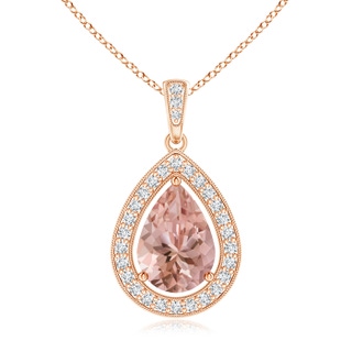 10x7mm AAAA Floating Morganite Drop Pendant with Diamond Halo in Rose Gold