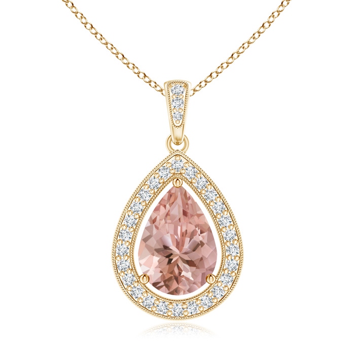 10x7mm AAAA Floating Morganite Drop Pendant with Diamond Halo in Yellow Gold