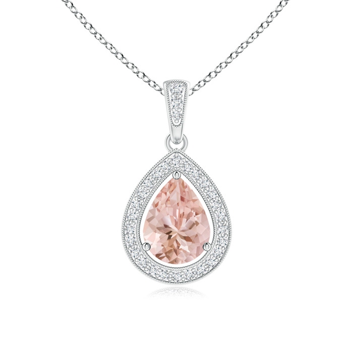 8x6mm AAAA Floating Morganite Drop Pendant with Diamond Halo in White Gold