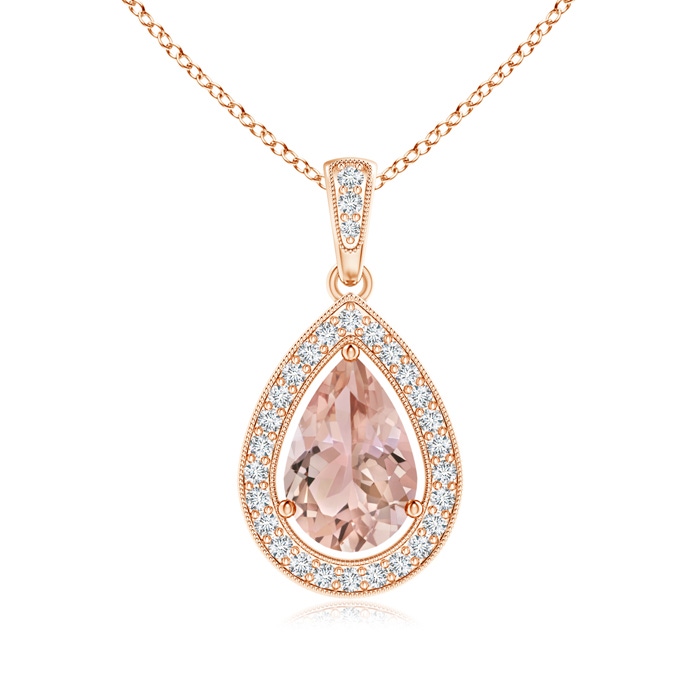 9x6mm AAA Floating Morganite Drop Pendant with Diamond Halo in Rose Gold