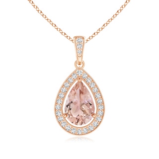 9x6mm AAA Floating Morganite Drop Pendant with Diamond Halo in Rose Gold