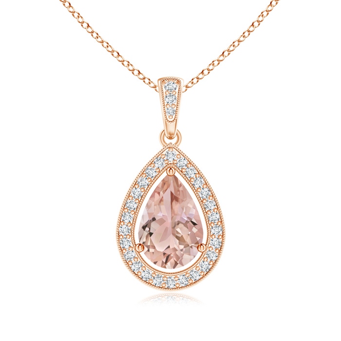 9x6mm AAA Floating Morganite Drop Pendant with Diamond Halo in Rose Gold 