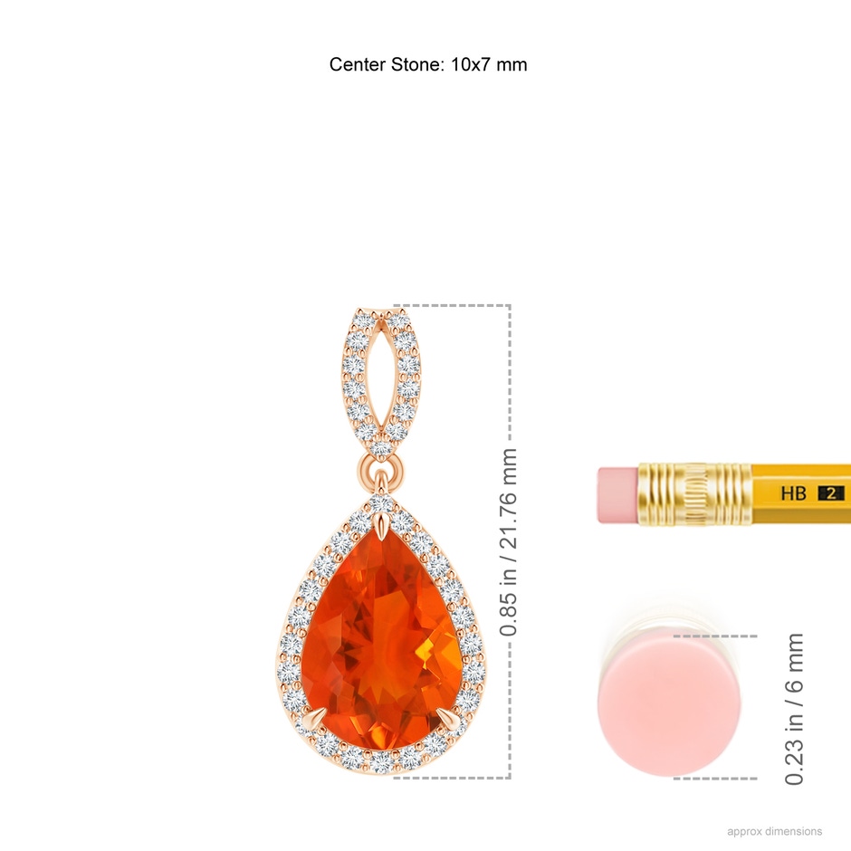 10x7mm AAA Vintage Style Pear Fire Opal Halo Pendant in Rose Gold ruler