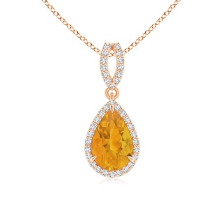 9x6mm A Vintage Style Pear Fire Opal Halo Pendant in 9K Rose Gold
