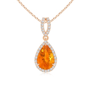 9x6mm AA Vintage Style Pear Fire Opal Halo Pendant in 9K Rose Gold