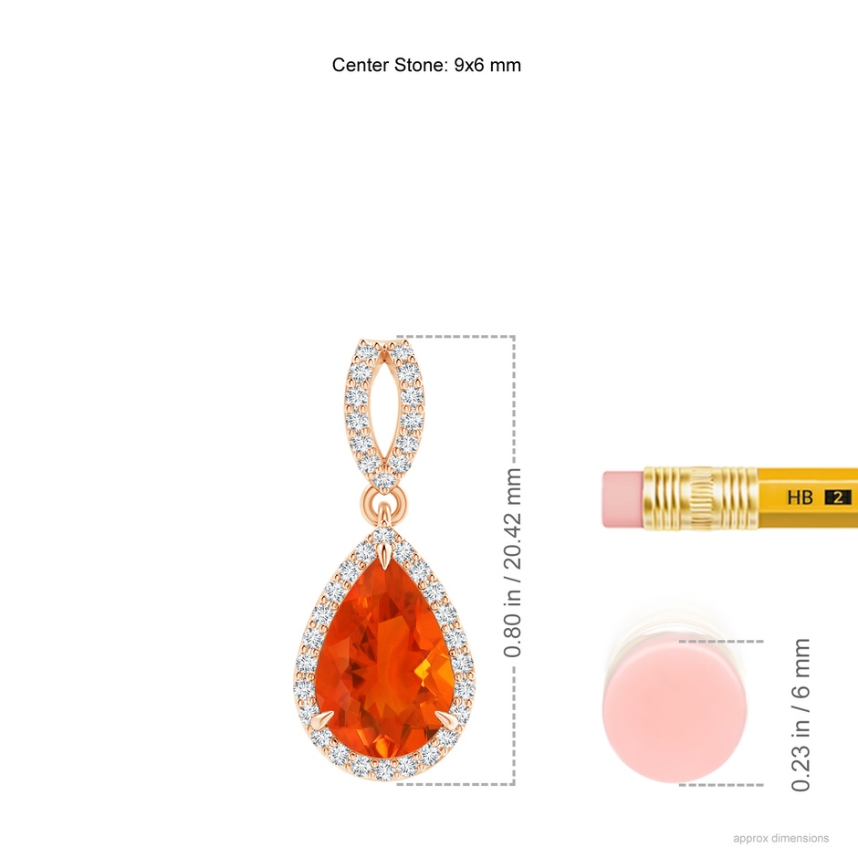 9x6mm AAA Vintage Style Pear Fire Opal Halo Pendant in Rose Gold ruler