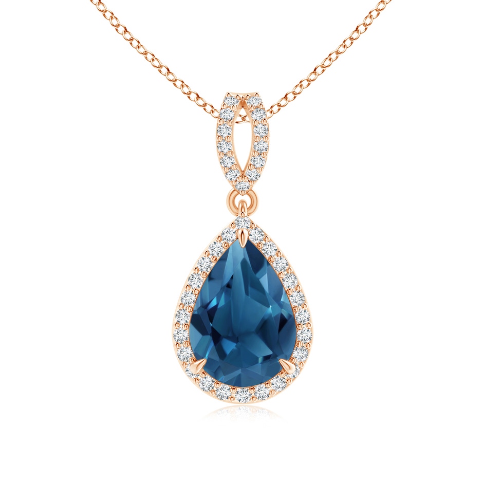 10x7mm AA Vintage Style Pear London Blue Topaz Halo Pendant in Rose Gold 