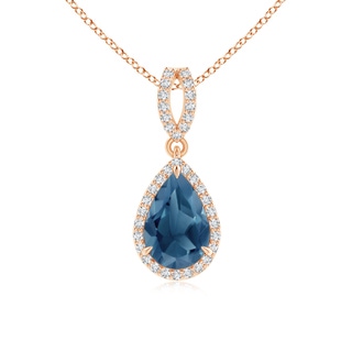 9x6mm A Vintage Style Pear London Blue Topaz Halo Pendant in 9K Rose Gold