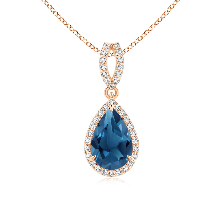 9x6mm AA Vintage Style Pear London Blue Topaz Halo Pendant in 9K Rose Gold 