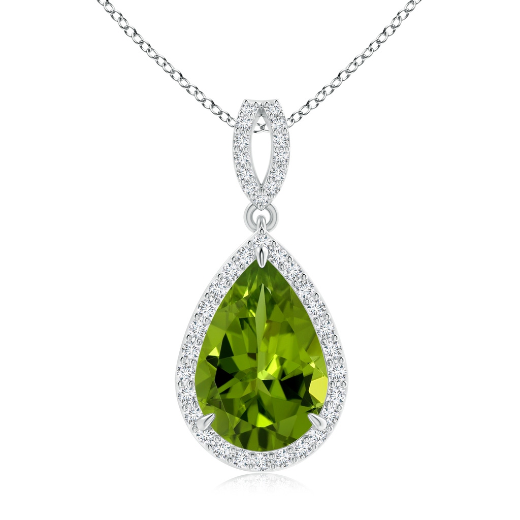 12.98x9.94x6.11mm AAAA GIA Certified Vintage Style Pear Peridot Halo Pendant in White Gold