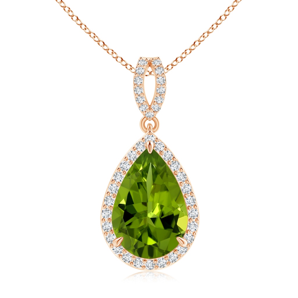 13.09x9.88x5.95mm AAAA GIA Certified Vintage Style Pear Peridot Halo Pendant in 10K Rose Gold 
