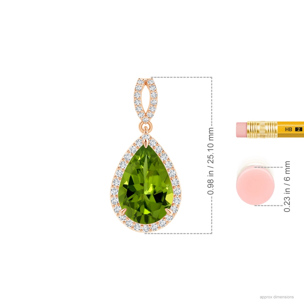 13.09x9.88x5.95mm AAAA GIA Certified Vintage Style Pear Peridot Halo Pendant in 10K Rose Gold ruler