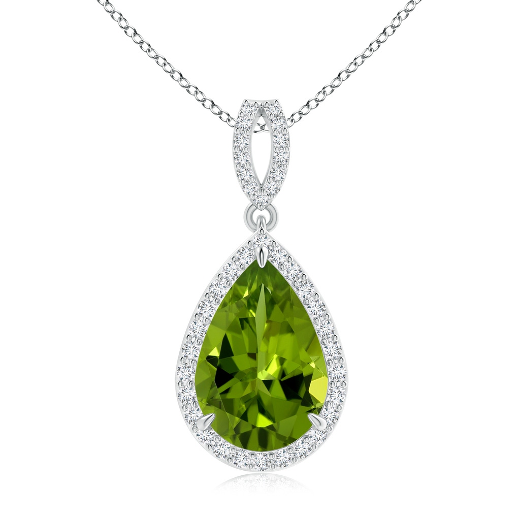 13.09x9.88x5.95mm AAAA GIA Certified Vintage Style Pear Peridot Halo Pendant in White Gold