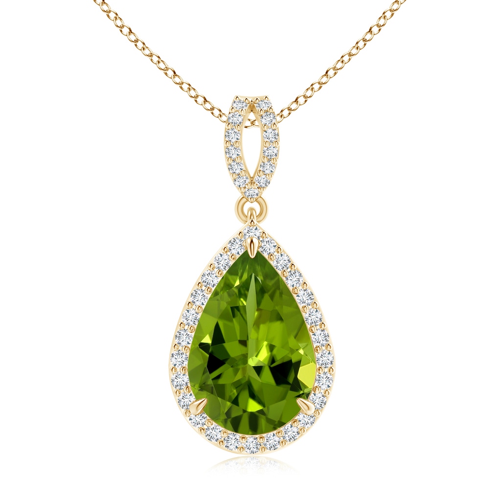 13.09x9.88x5.95mm AAAA GIA Certified Vintage Style Pear Peridot Halo Pendant in Yellow Gold