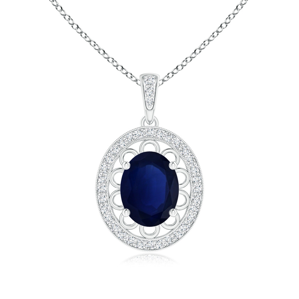 9.14x7.17x4.26mm A GIA Certified Vintage Inspired Blue Sapphire Pendant with Latticework in White Gold