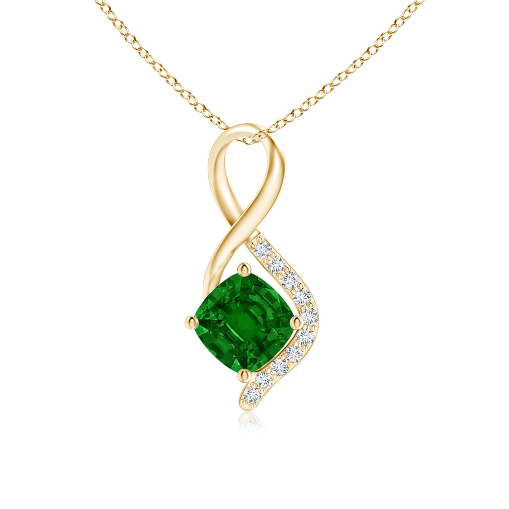 5mm AAAA Infinity Twist Emerald Pendant with Diamond Accents in Yellow Gold