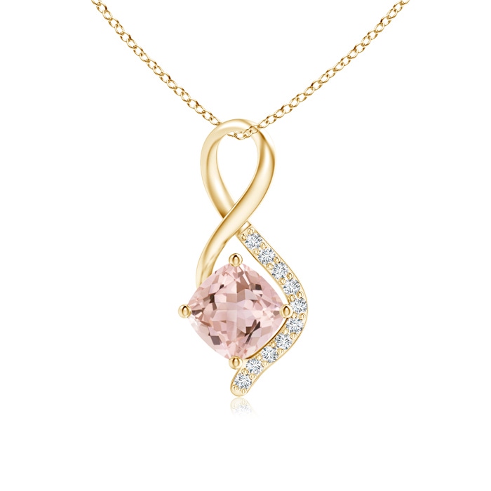 5mm AAAA Infinity Twist Morganite Pendant with Diamond Accents in Yellow Gold