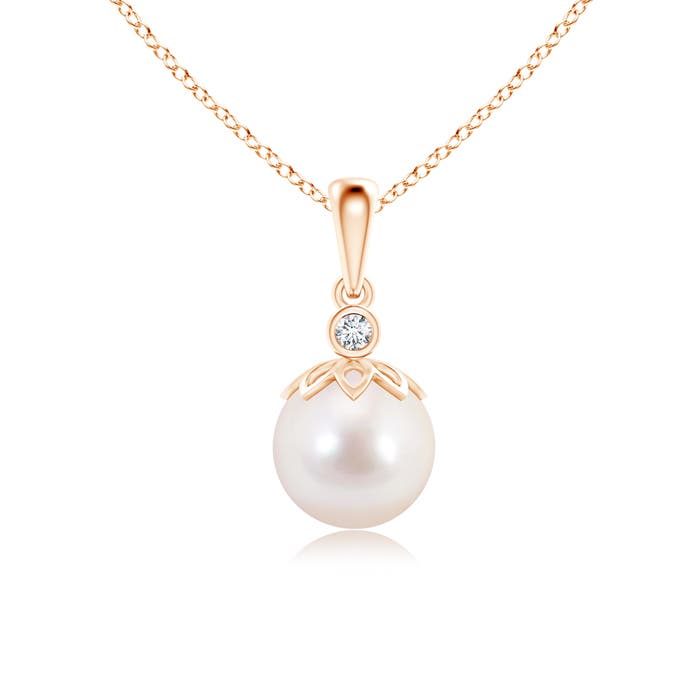8mm AAAA Akoya Cultured Pearl and Diamond Pendant in Rose Gold