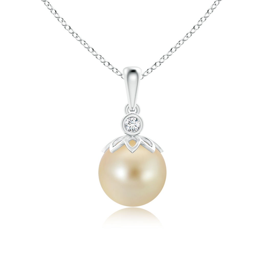 9mm AAA Golden South Sea Cultured Pearl and Diamond Pendant in White Gold
