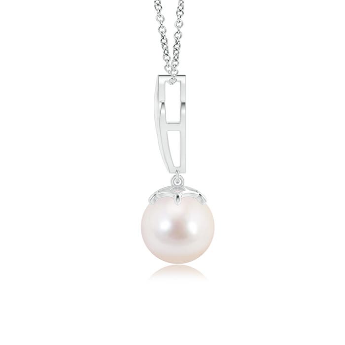 8mm AAAA Solitaire Japanese Akoya Pearl Flame Drop Pendant in White Gold - side 1