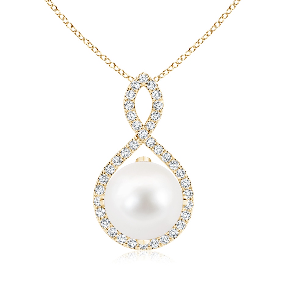 10mm AA Freshwater Pearl and Diamond Infinity Twist Pendant in Yellow Gold 