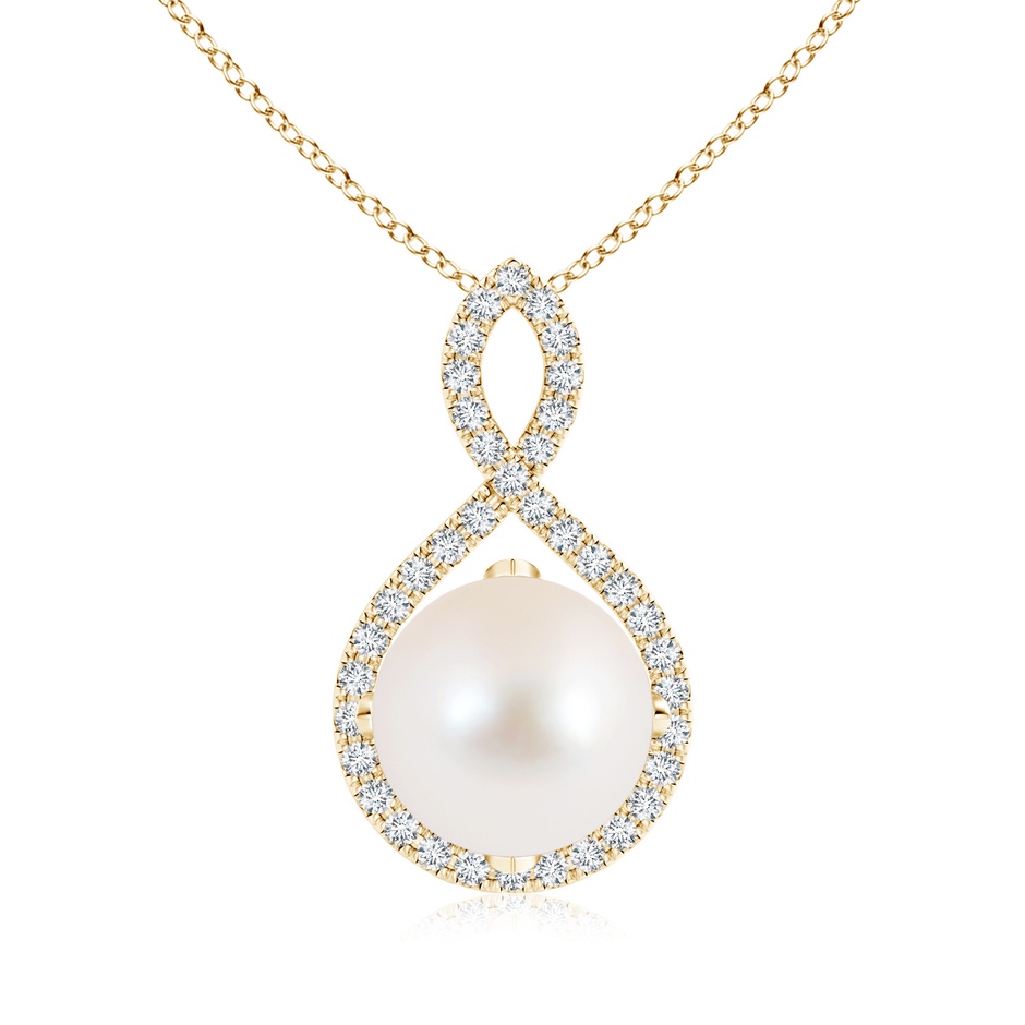 10mm AAA Freshwater Pearl and Diamond Infinity Twist Pendant in Yellow Gold 