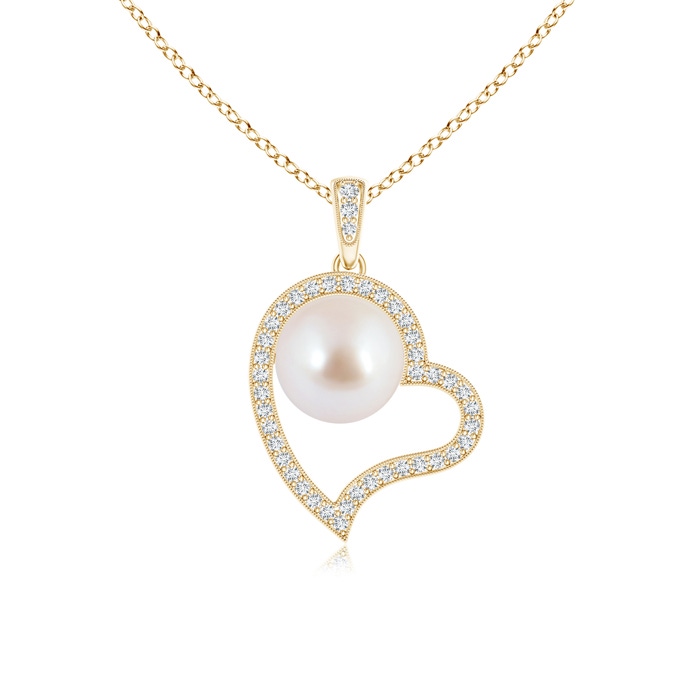 8mm AAA Japanese Akoya Pearl Asymmetrical Heart Pendant in Yellow Gold