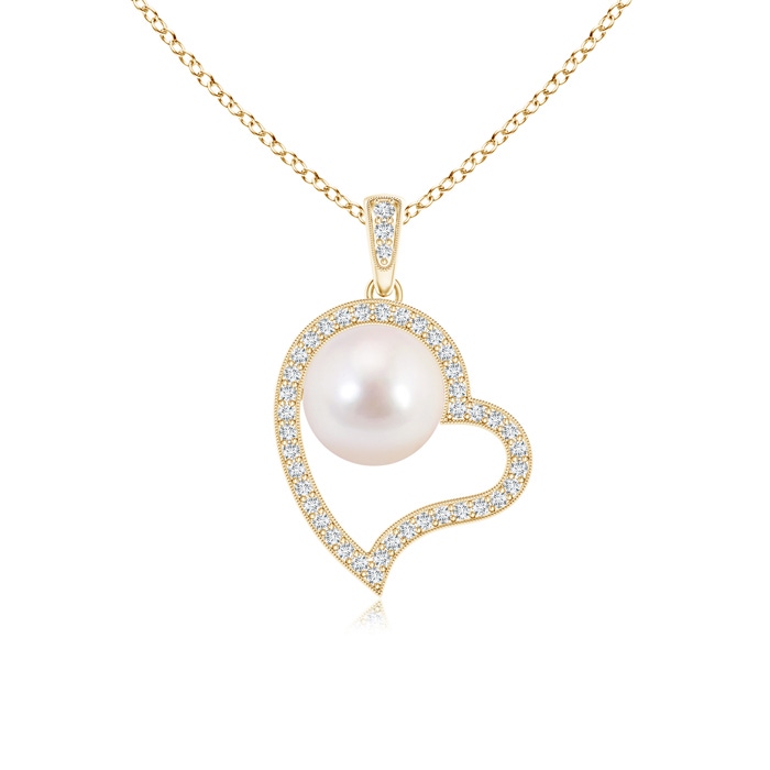 8mm AAAA Japanese Akoya Pearl Asymmetrical Heart Pendant in Yellow Gold