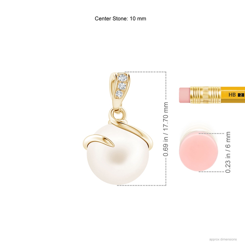 10mm AA Freshwater Pearl Spiral Pendant with Diamonds in Yellow Gold ruler