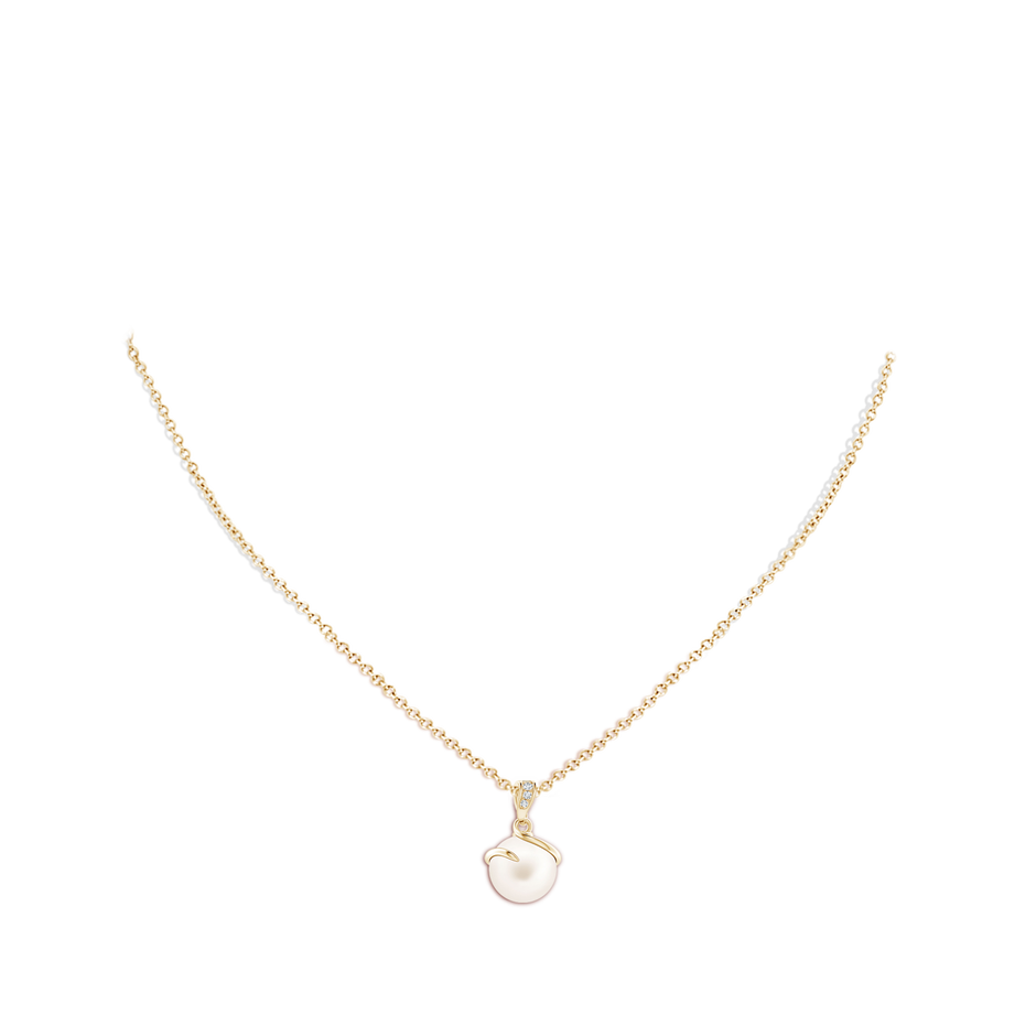 10mm AA Freshwater Pearl Spiral Pendant with Diamonds in Yellow Gold body-neck