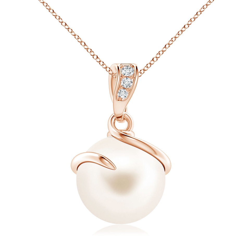 10mm AAA Freshwater Pearl Spiral Pendant with Diamonds in Rose Gold 
