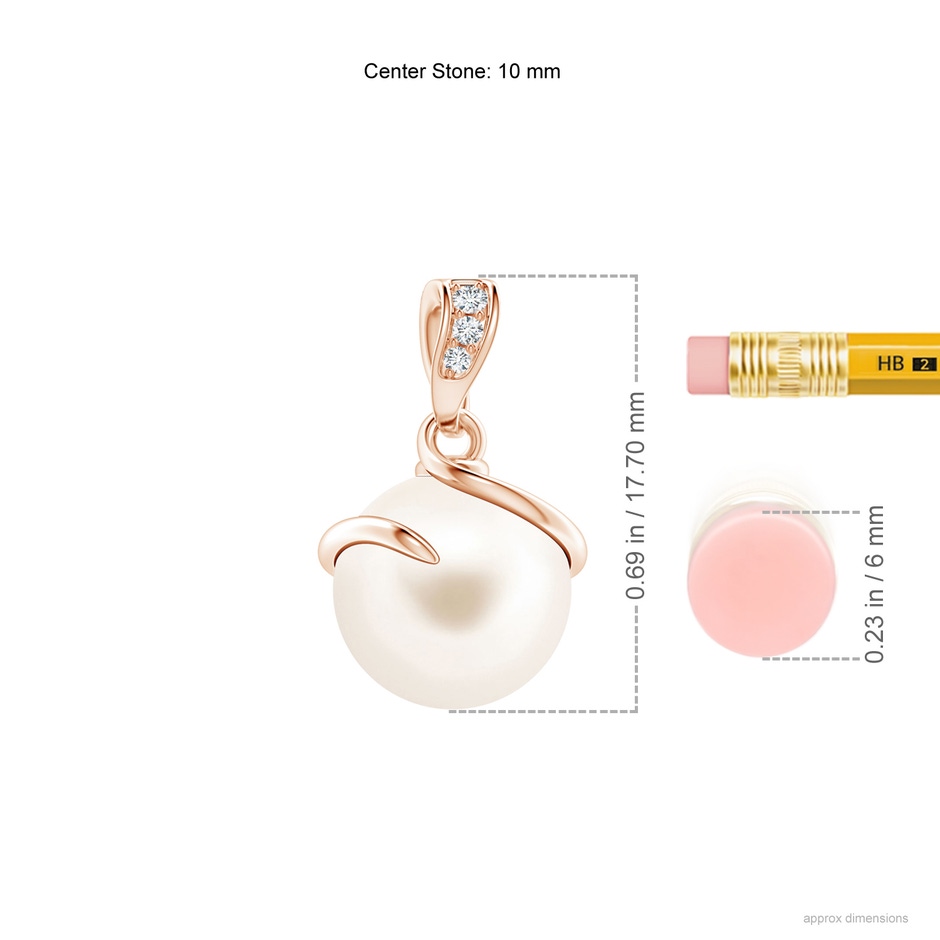 10mm AAA Freshwater Pearl Spiral Pendant with Diamonds in Rose Gold ruler