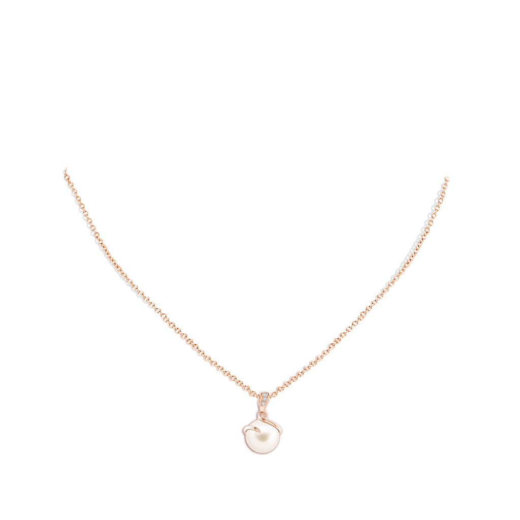 10mm AAA Freshwater Pearl Spiral Pendant with Diamonds in Rose Gold Body-Neck