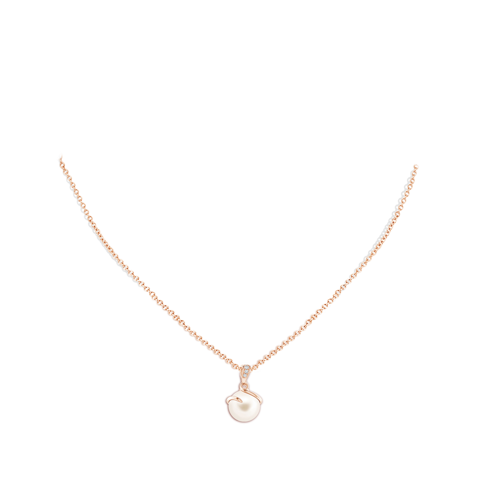 10mm AAA Freshwater Pearl Spiral Pendant with Diamonds in Rose Gold body-neck