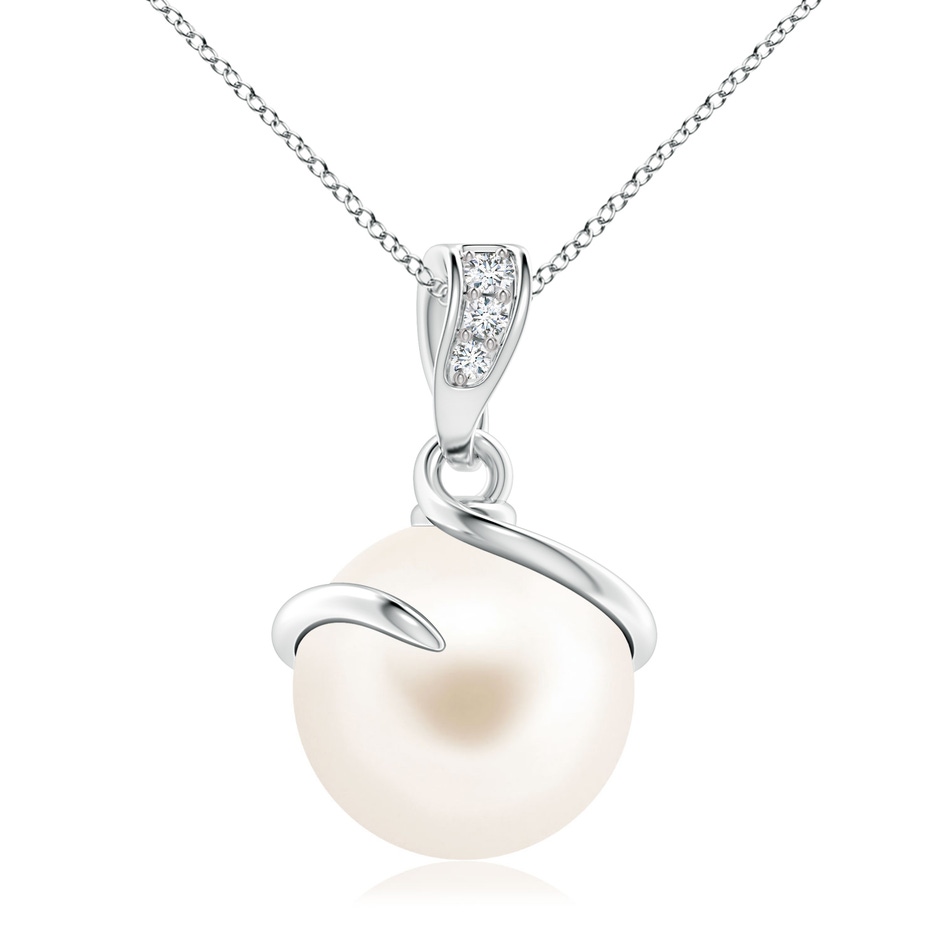 10mm AAA Freshwater Pearl Spiral Pendant with Diamonds in White Gold 