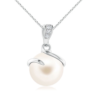 10mm AAA Freshwater Pearl Spiral Pendant with Diamonds in White Gold