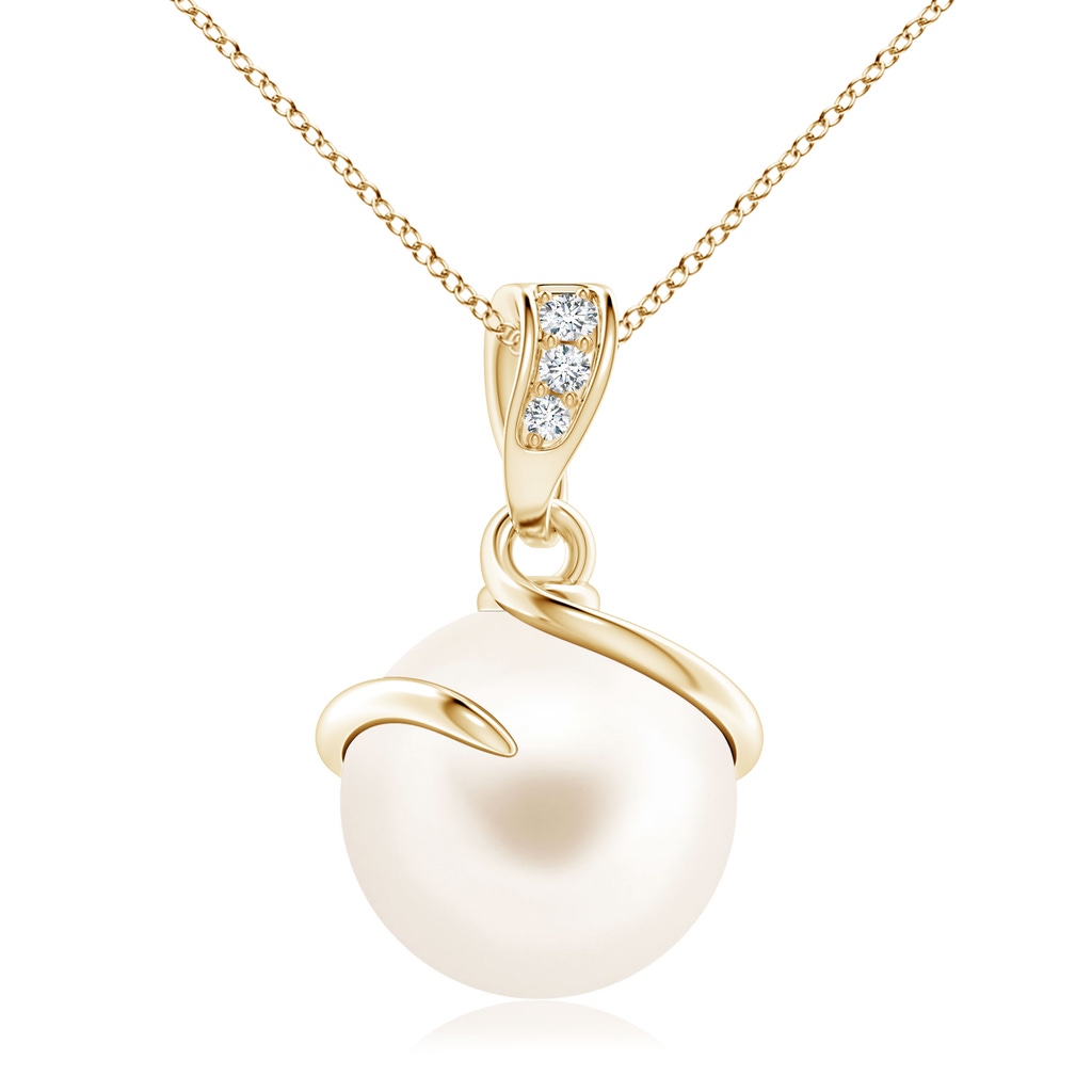 10mm AAA Freshwater Pearl Spiral Pendant with Diamonds in Yellow Gold