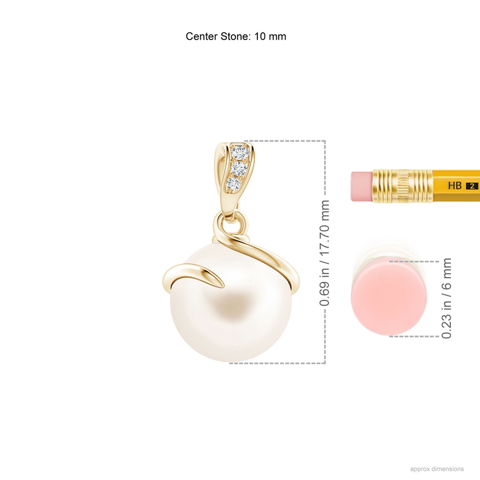 10mm AAA Freshwater Pearl Spiral Pendant with Diamonds in Yellow Gold ruler