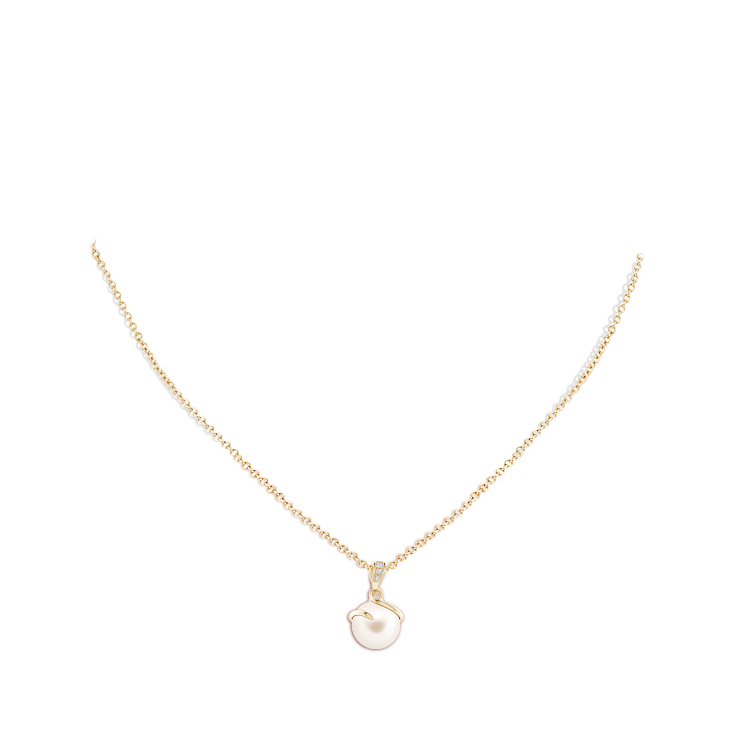 10mm AAA Freshwater Pearl Spiral Pendant with Diamonds in Yellow Gold - body_neck